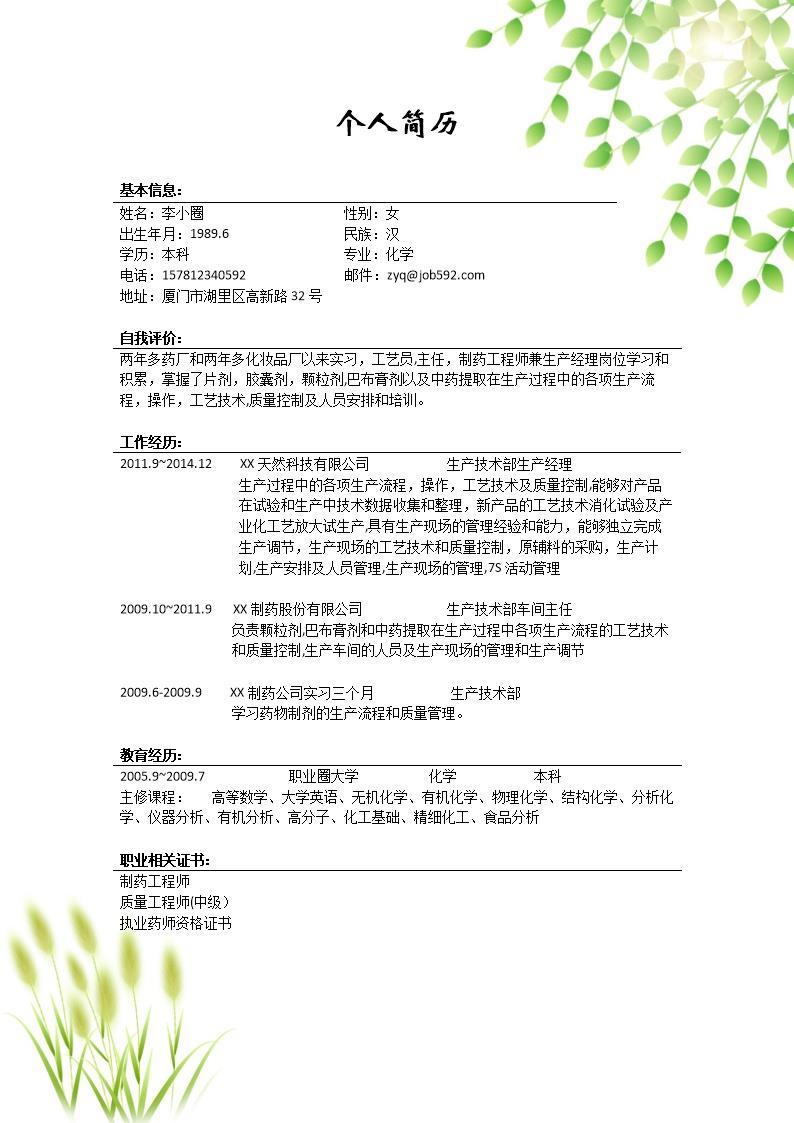 8677_求职制药工程师应聘简历模板  - 制药工程简历模板